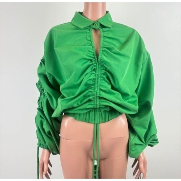 Women's Love, Highlight Ruched Long Sleeve Green Cropped Collared Shirt Small - Picture 5 of 14